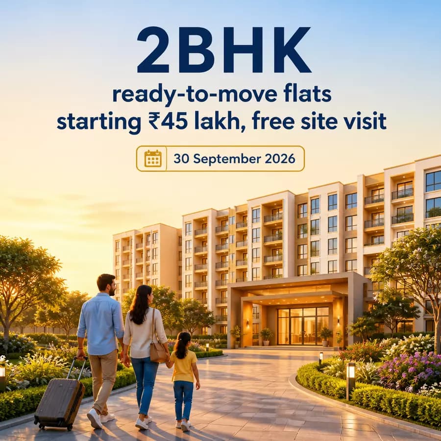 Real estate creative with a family walking towards a modern residential building, 2BHK flats starting ₹45 lakh