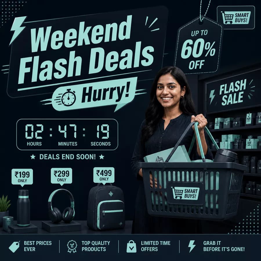 వీకెండ్ ఫ్లాష్ డీల్ పోస్ట్ — కౌంట్‌డౌన్ టైమర్, ₹199 నుంచి ప్రోడక్ట్‌లు