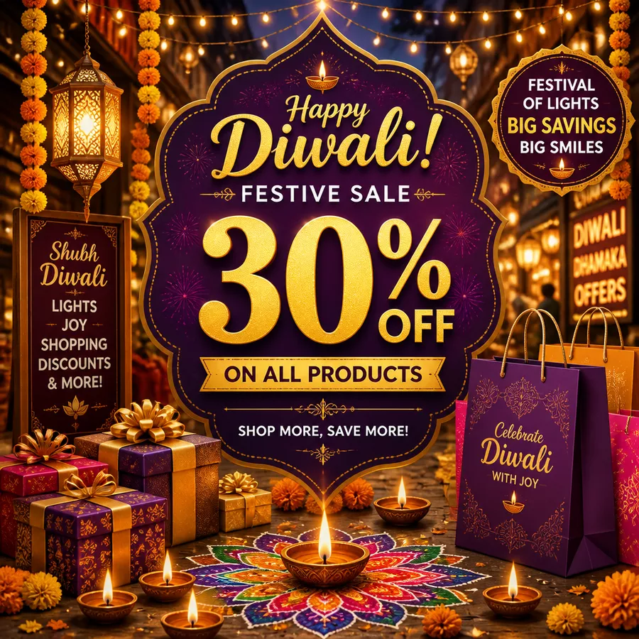 दिवाली सेल की पोस्ट जिसमें दीये, गेंदे के फूल और 30% छूट का ऑफ़र है